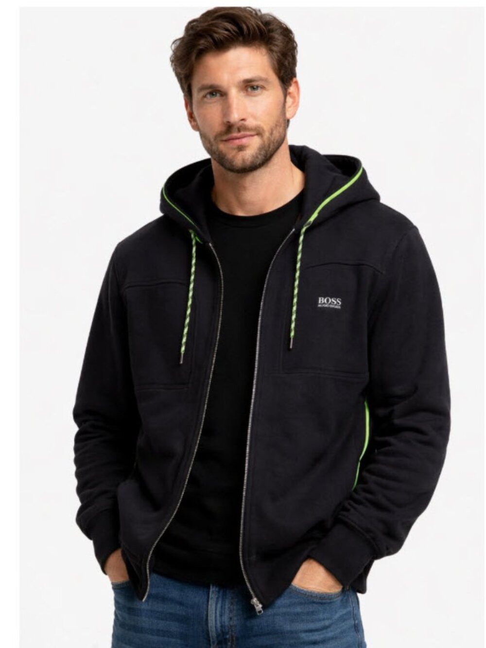 Hugo Boss Black Zip Hoodie Lime Trim Logo Cotton Large